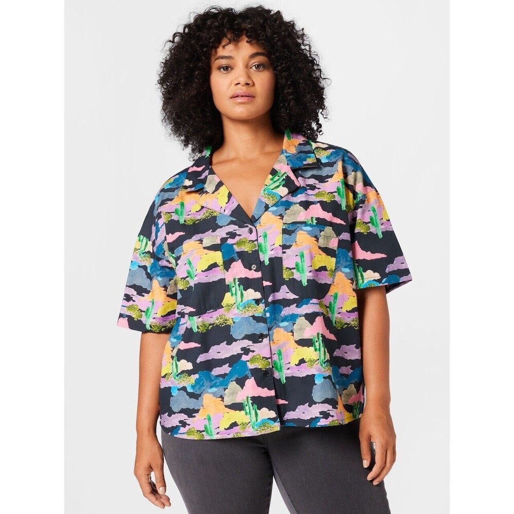 NEW Nasty Gal Womens Plus Size 14 Multicolor Cactus Short Sleeve Button Shirt
